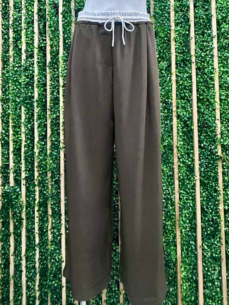 Contrast Waist Wide Leg Mocha PAnt