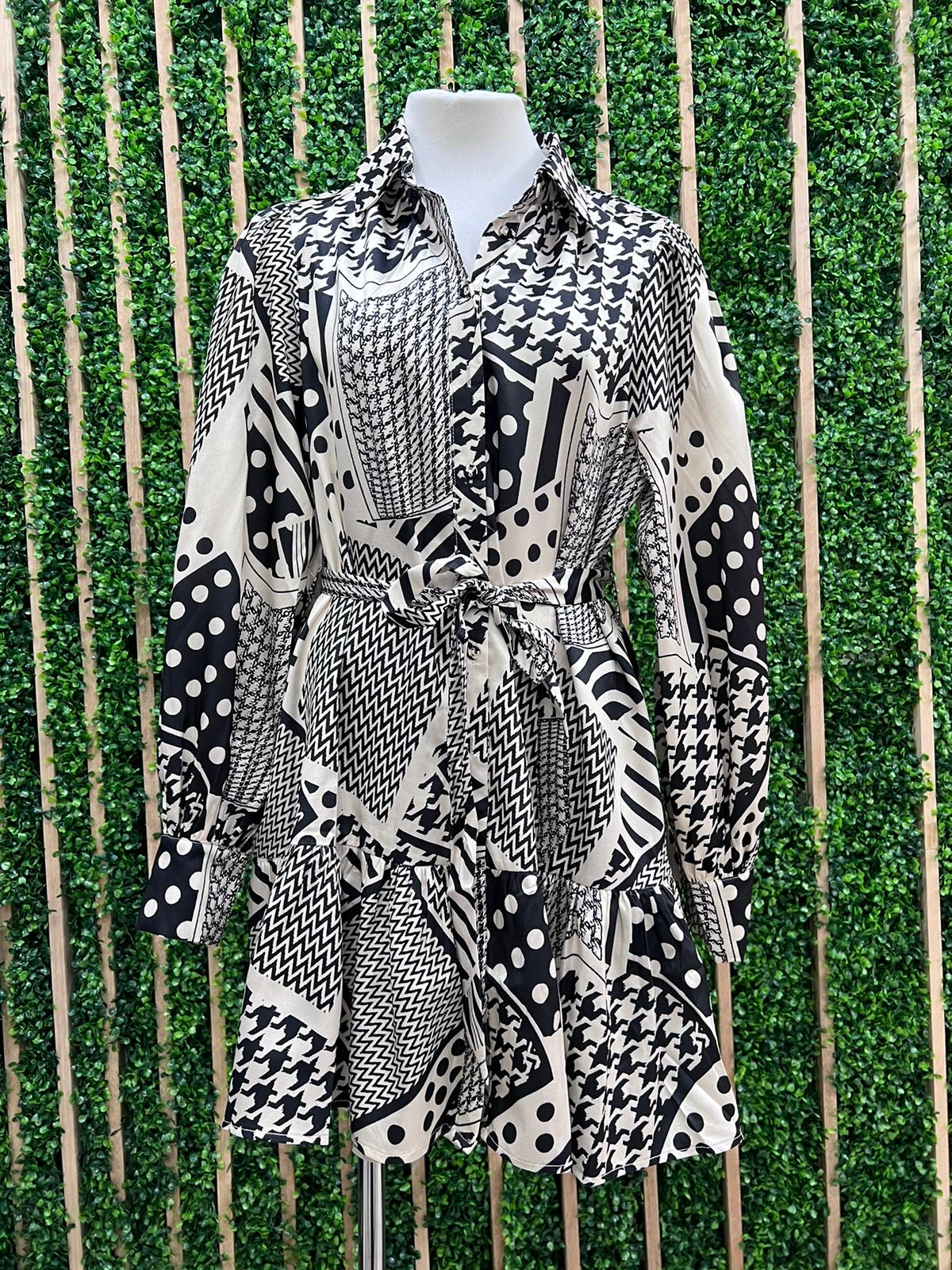 Black Combo Print Cuff Sleeve Front Tie Shirt Dress