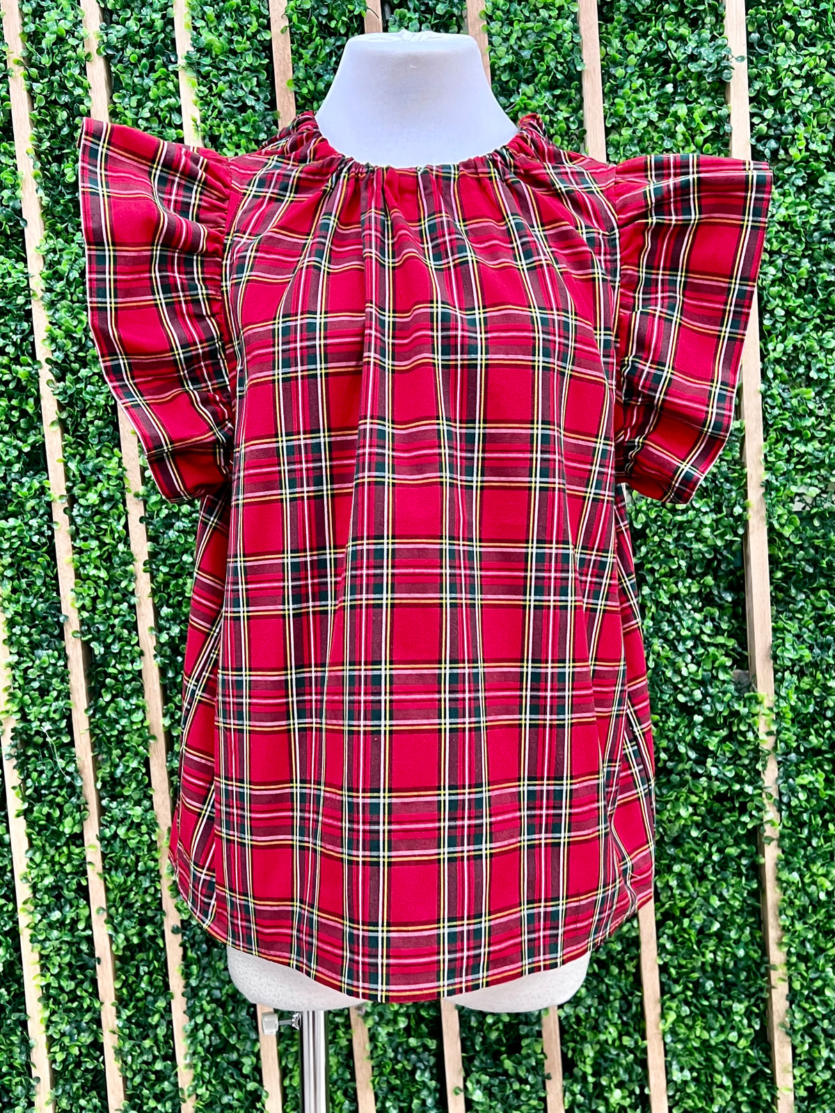 Plaid Print Ruffled Sleeve Top