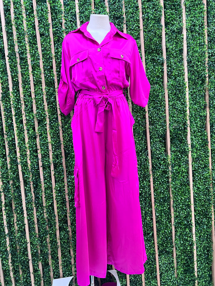 Hot Pink Short Sleeve Cargo Jumpsuit