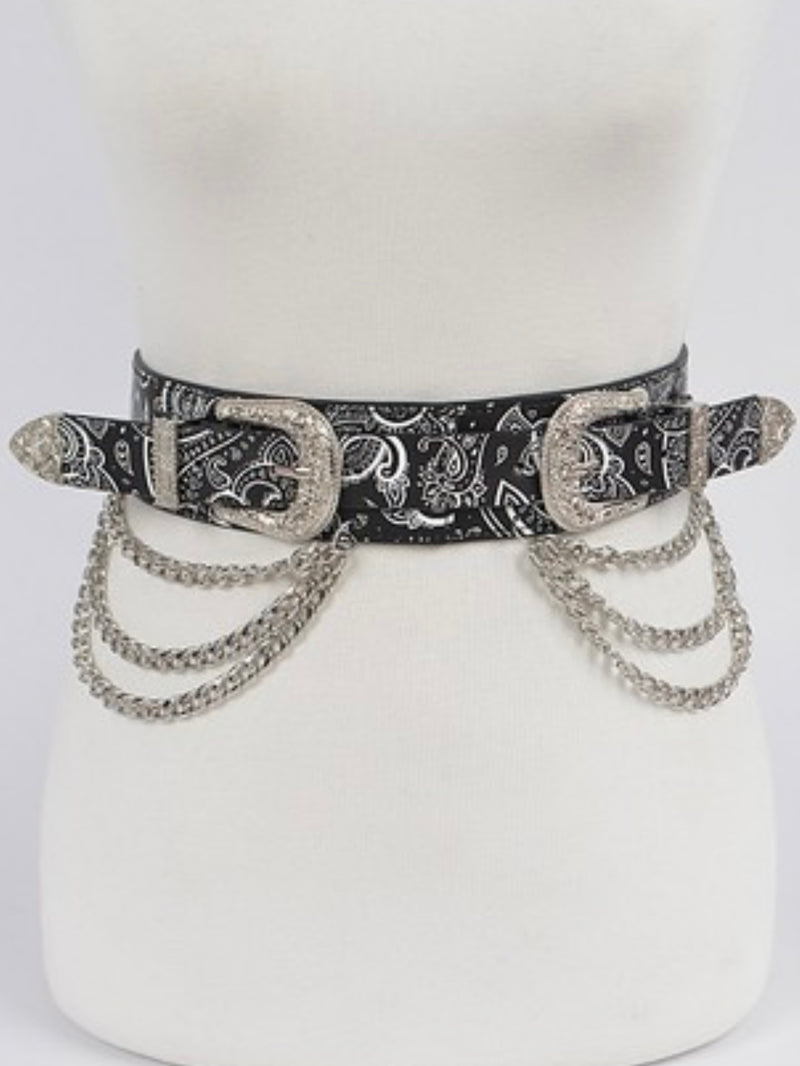 Black Bandana Silver Two Buckle Chain Waist Belt