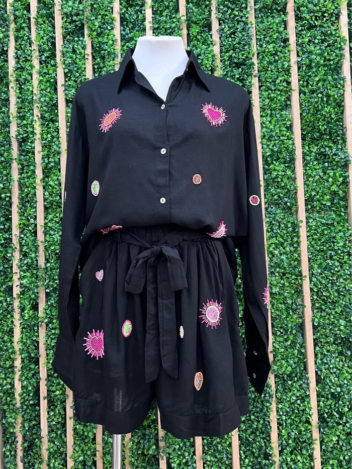 Tropical Embroidered Blouse Pant Set