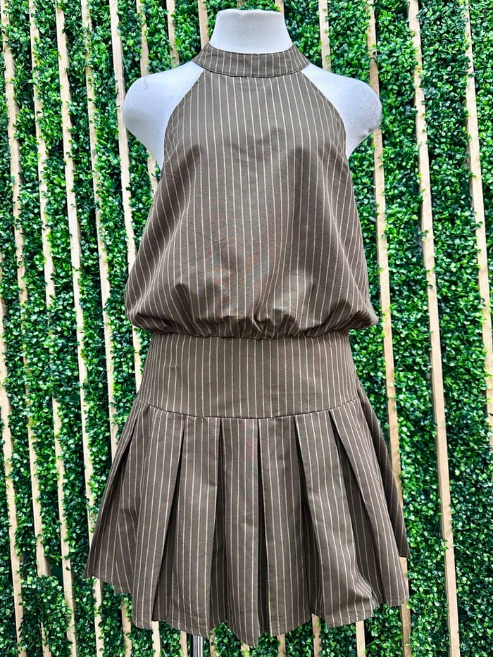 Brown Beige Halter Neck Short Dress