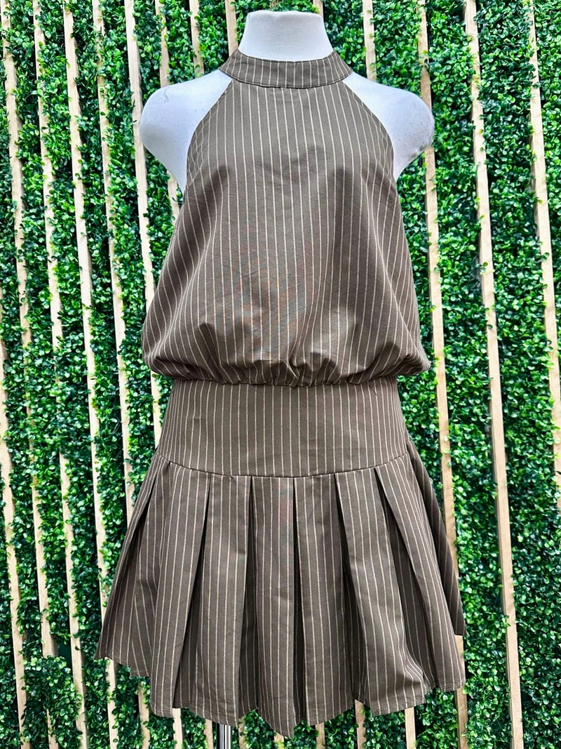 Brown Beige Halter Neck Short Dress