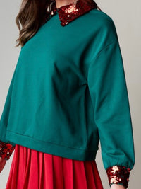 Green Sequin Neckline Collared Blouse Top