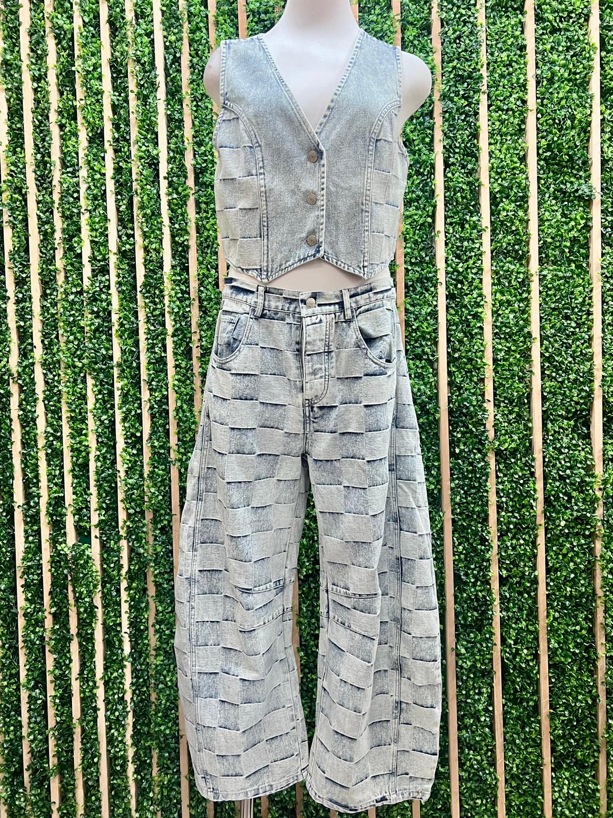 Checker Print Denim Barrel Pants