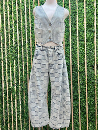 Checker Print Denim Barrel Pants