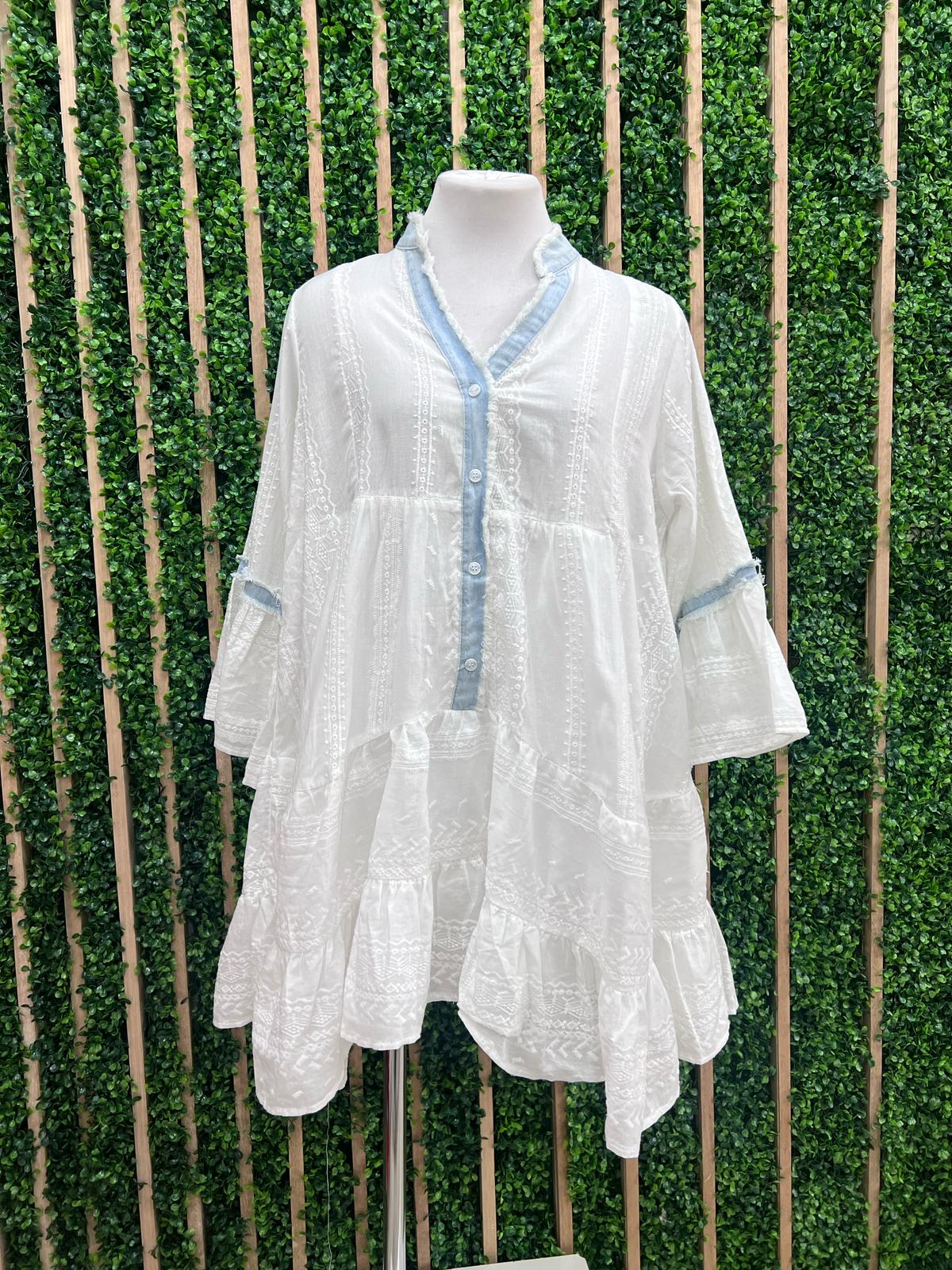 Denim Trim White Floral Embroidered Tiered Short Dress