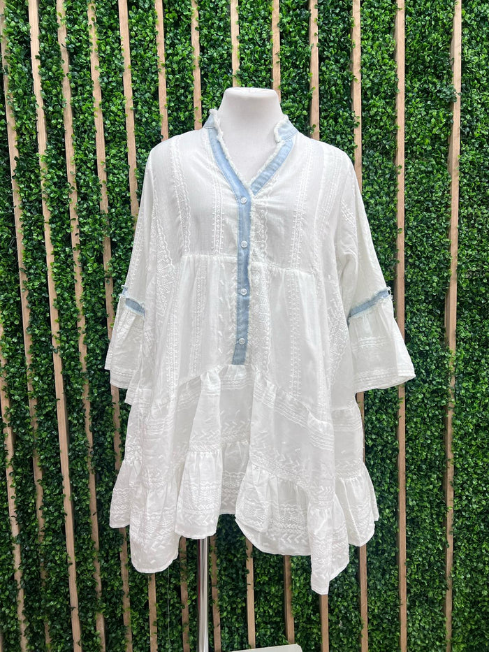 Denim Trim White Floral Embroidered Tiered Short Dress