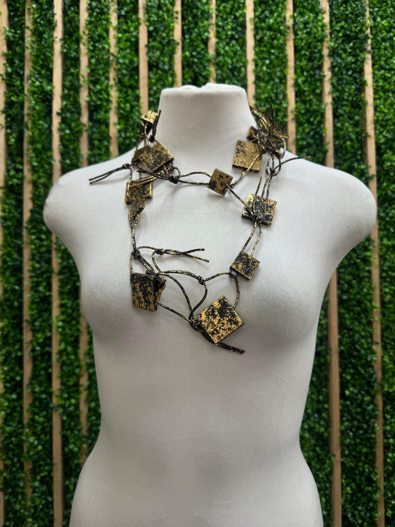 JH Wooden Squares on Leatherette Chain Necklaces