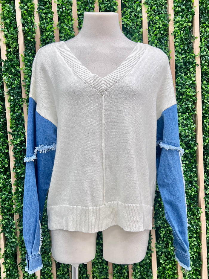Denim Sleeves Off White V Neck Sweater