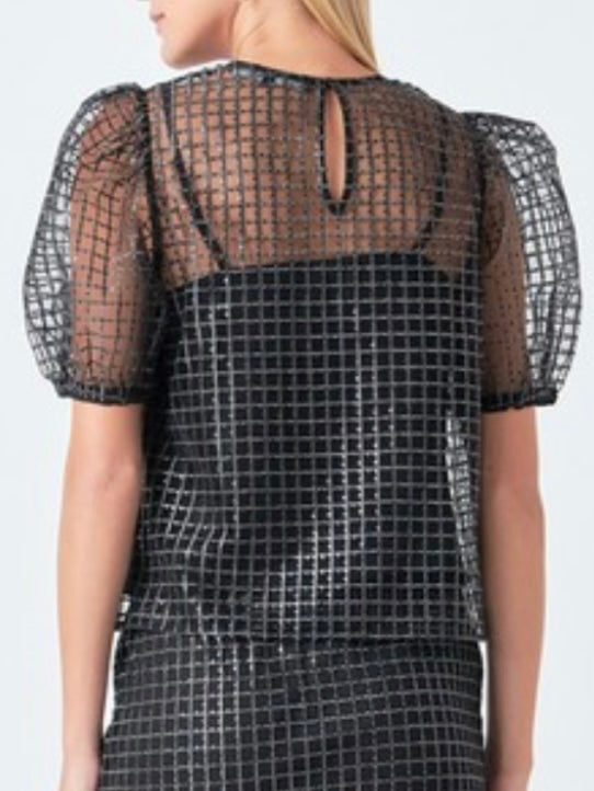 Black Sequin Organza Mesh Blouse