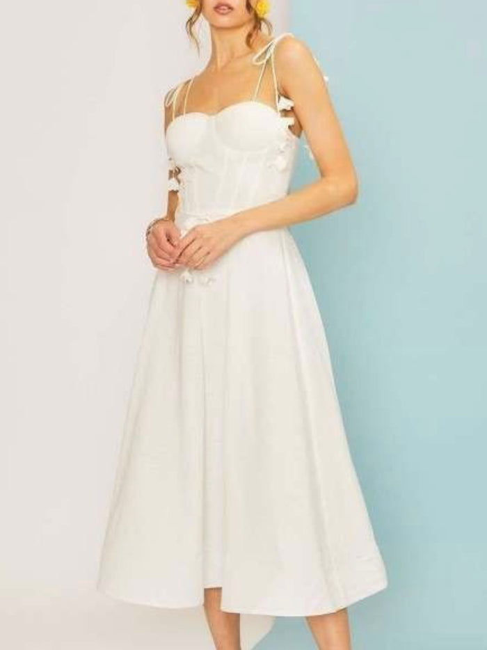 Beautiful White Bustier Shoulder Tie Midi Dress