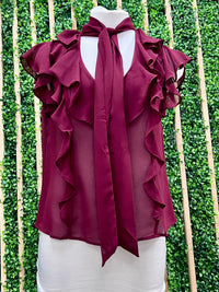 Burgundy Ruffled Short Sleeve With Scarf Chiffon Top