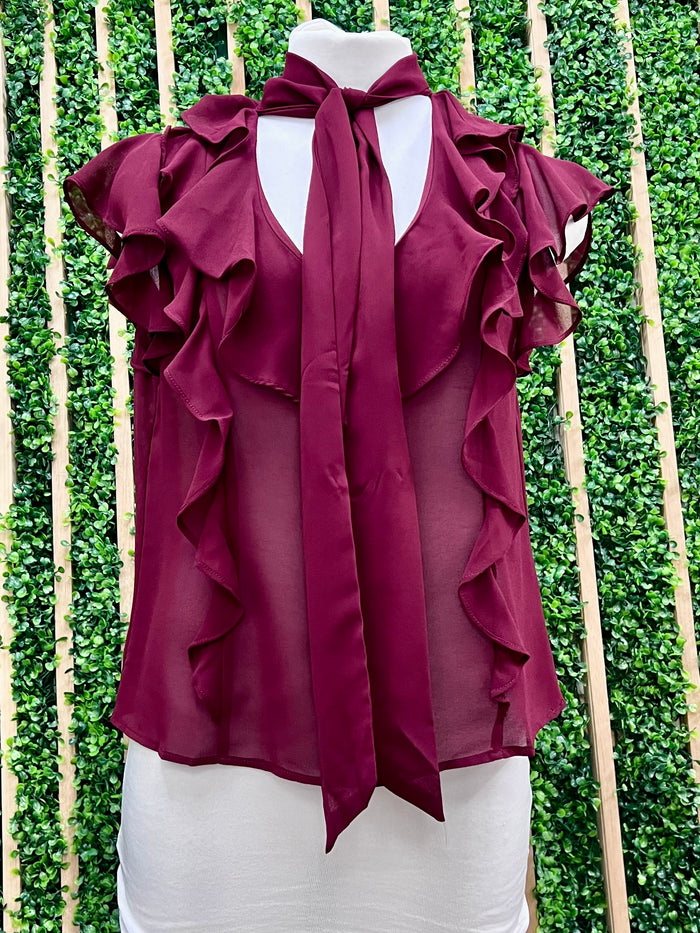 Burgundy Ruffled Short Sleeve With Scarf Chiffon Top
