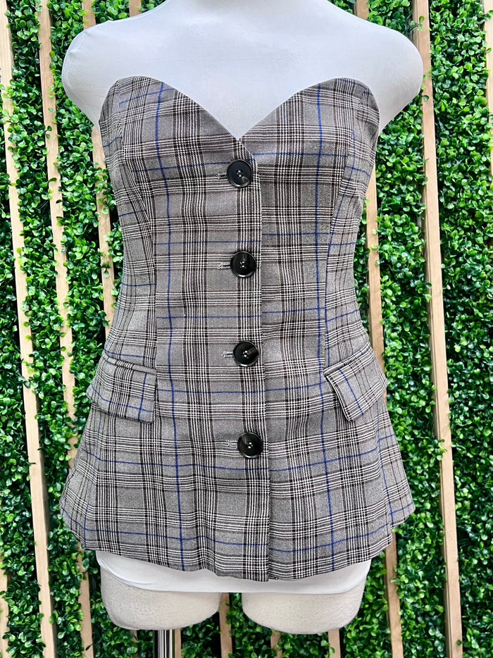 Brown Blue Plaid Sweetheart Vest