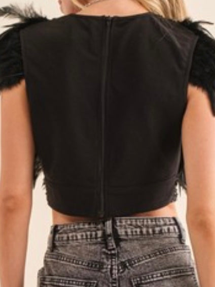 Black Sequin Feather Trim Crop Top