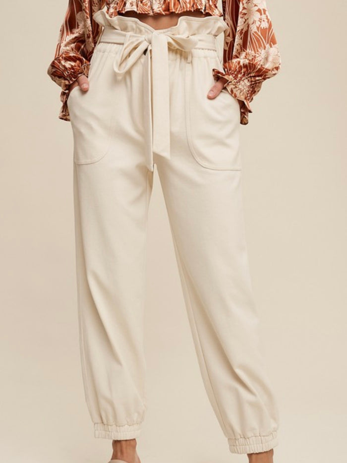 Cream Cinched Waist Denim Jogger