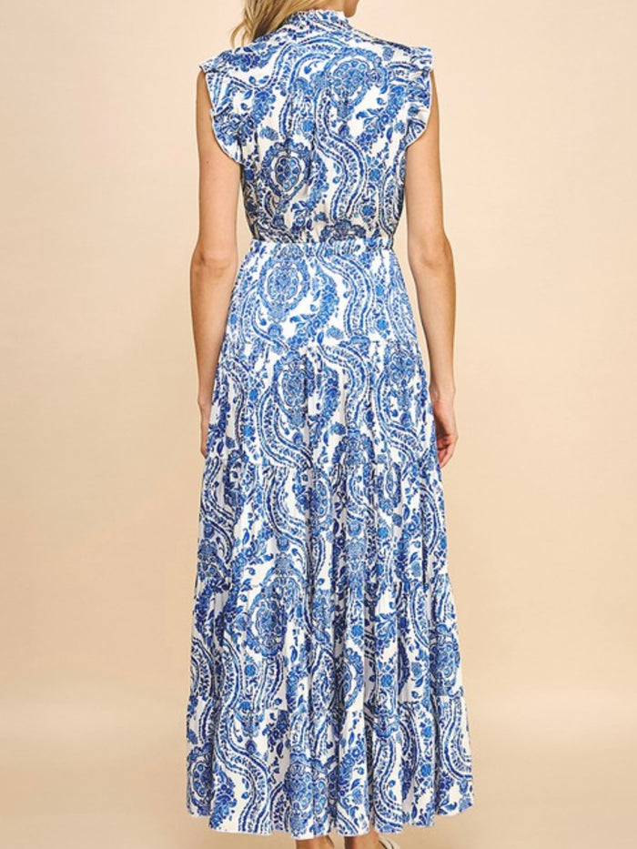 Blue Paisley Tiered Ruffled Maxi Dress