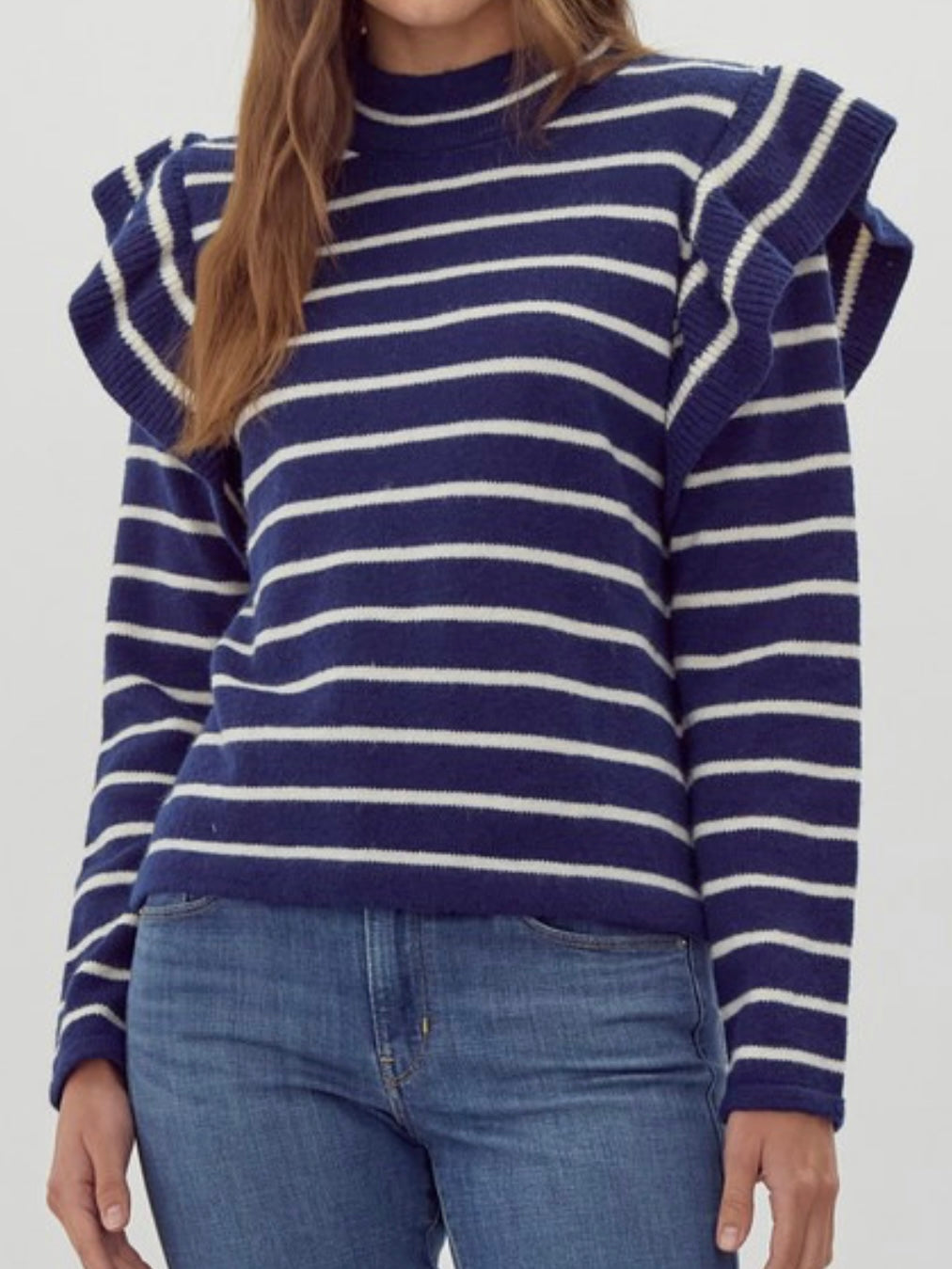 Navy Stripe Ruffle Sleeves Sweater