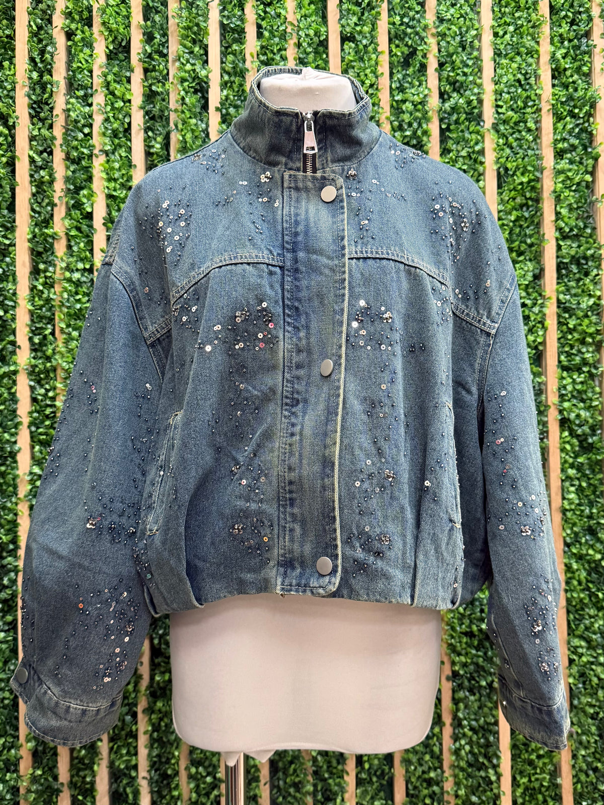 Crystal Embellished Balloon Denim Jacket