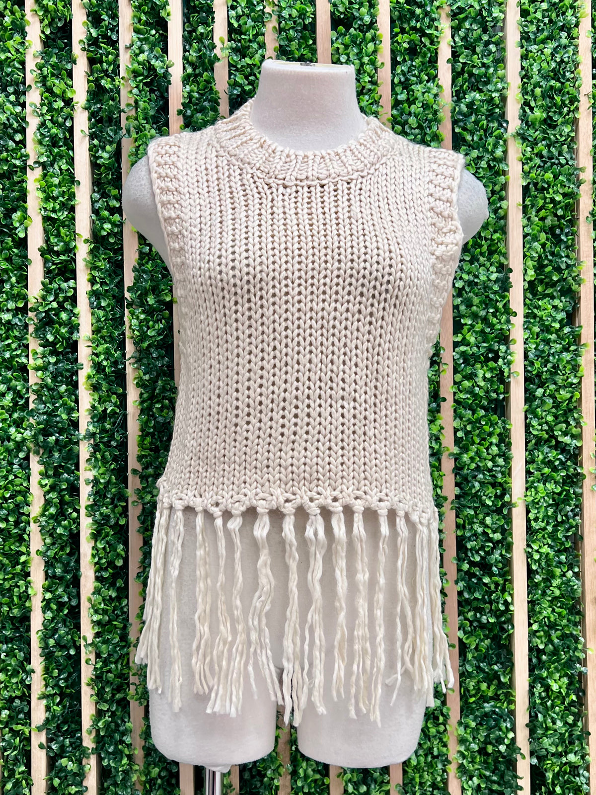 Ivory Fringe Sleeveless Sweater Top