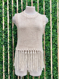 Ivory Fringe Sleeveless Sweater Top