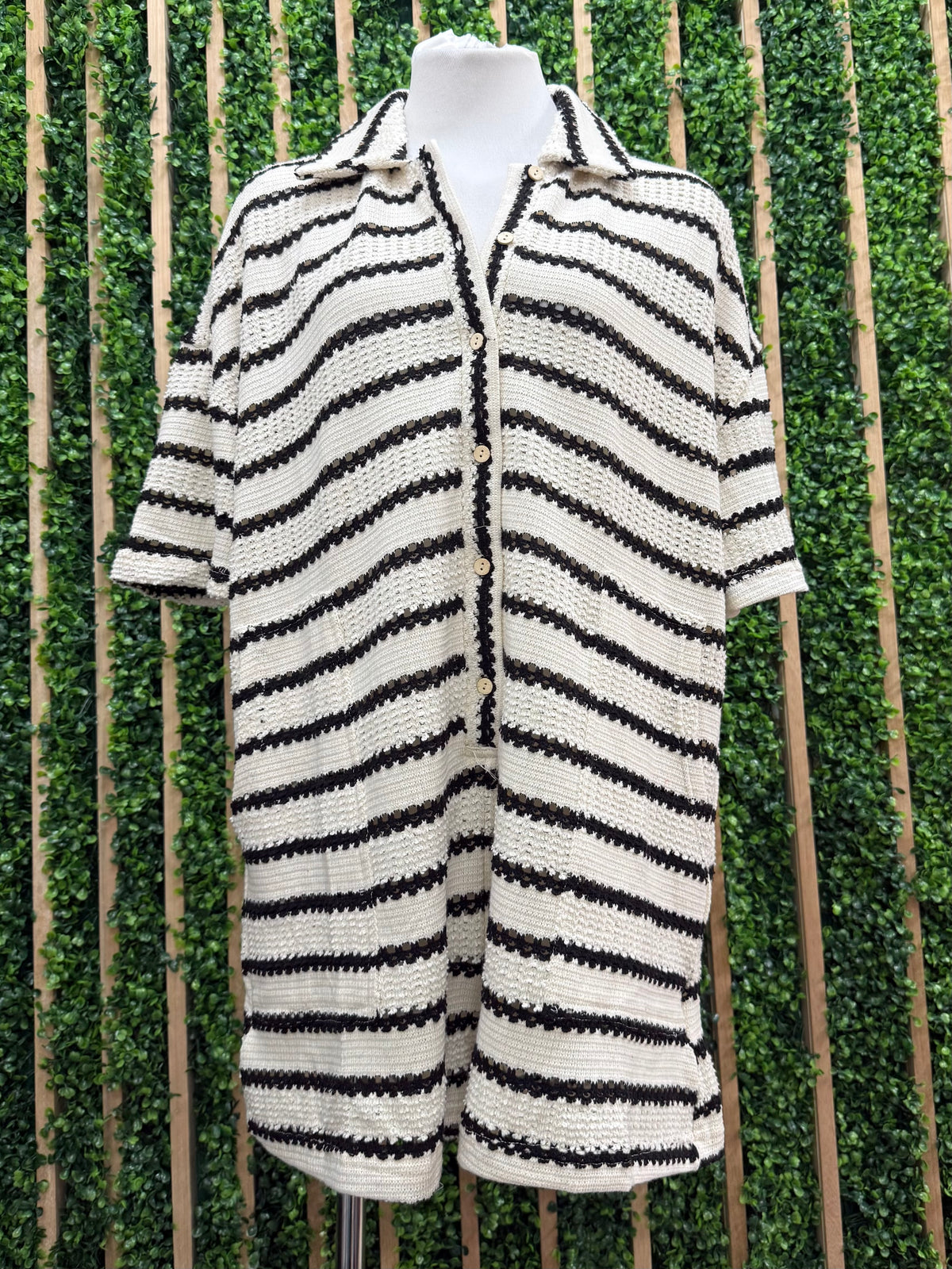 Slouchy Ivory Black Striped Crochet Romper
