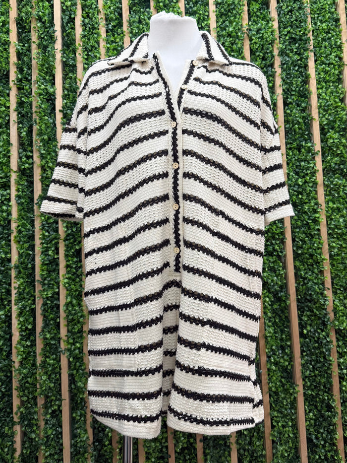 Slouchy Ivory Black Striped Crochet Romper