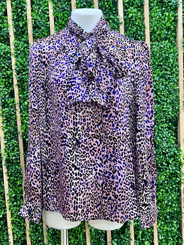 Purple Animal Print Neck Tie Blouse