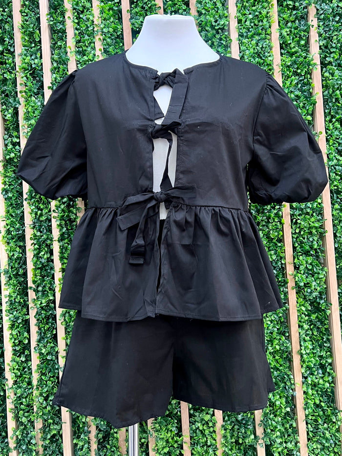 Black Front Bow Tie Short Pant Set