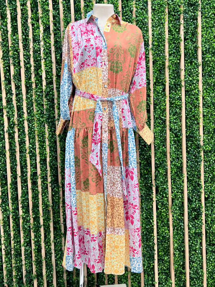 Neutral Patchwork Button Up Maxi Dress