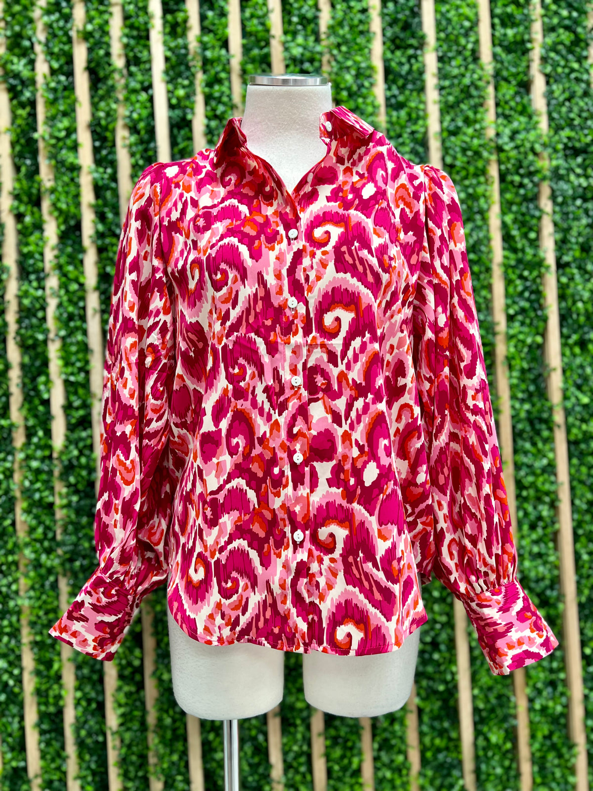 Fuchsia Print Balloon Sleeve Blouse