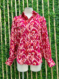 Fuchsia Print Balloon Sleeve Blouse