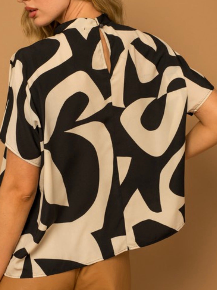 Black Taupe Print Mock Neck Blouse