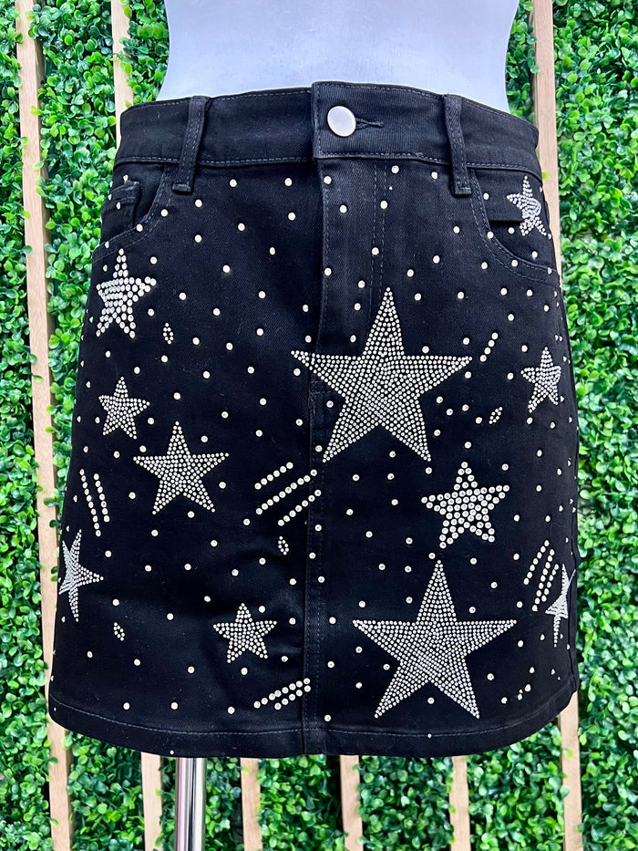 Black Star Studded Short Denim Skirt