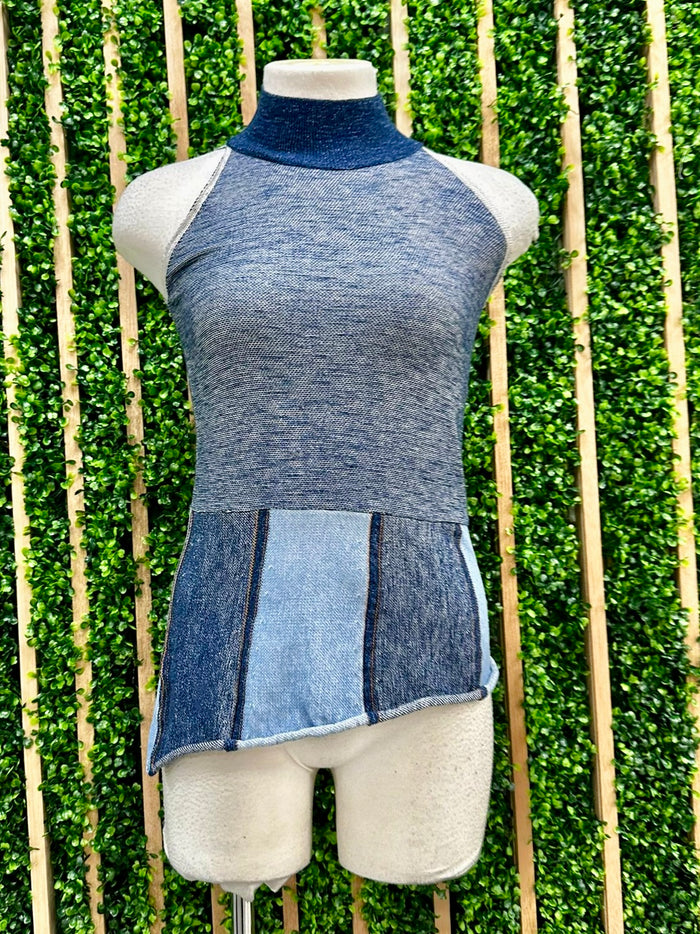 Irregular Knitted Denim Block Vest