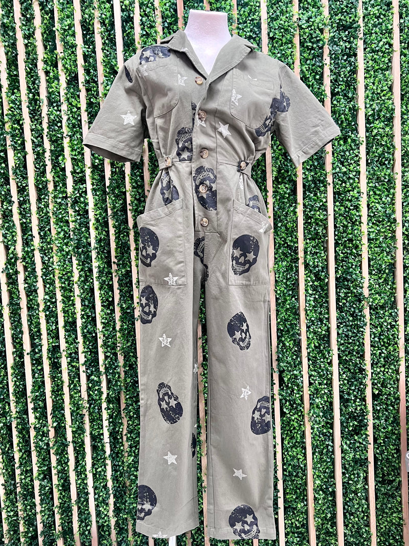 Olive Skull Star Utility Jumpsuit