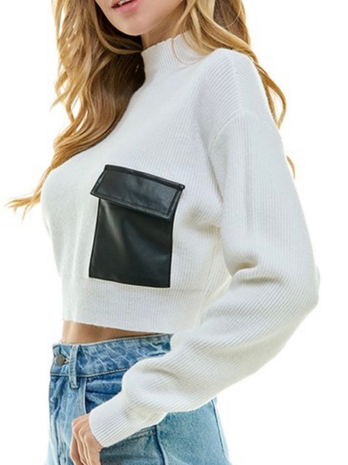 Pleather Pocket Crop Sweater
