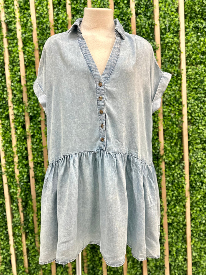 V Neck Drop Waist Denim Dress