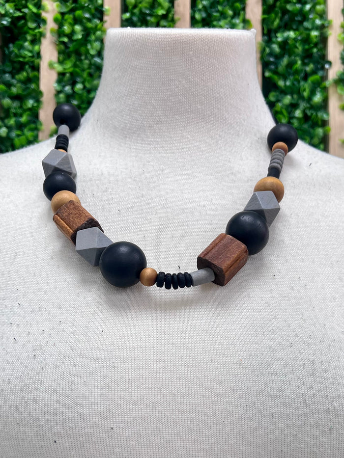 Brown Grey Multi wood Shape Necklace