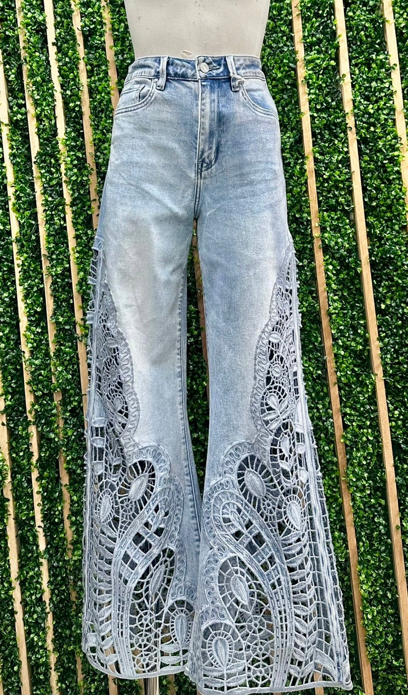Blue Side Lace Legs Wide Leg Denim Pant