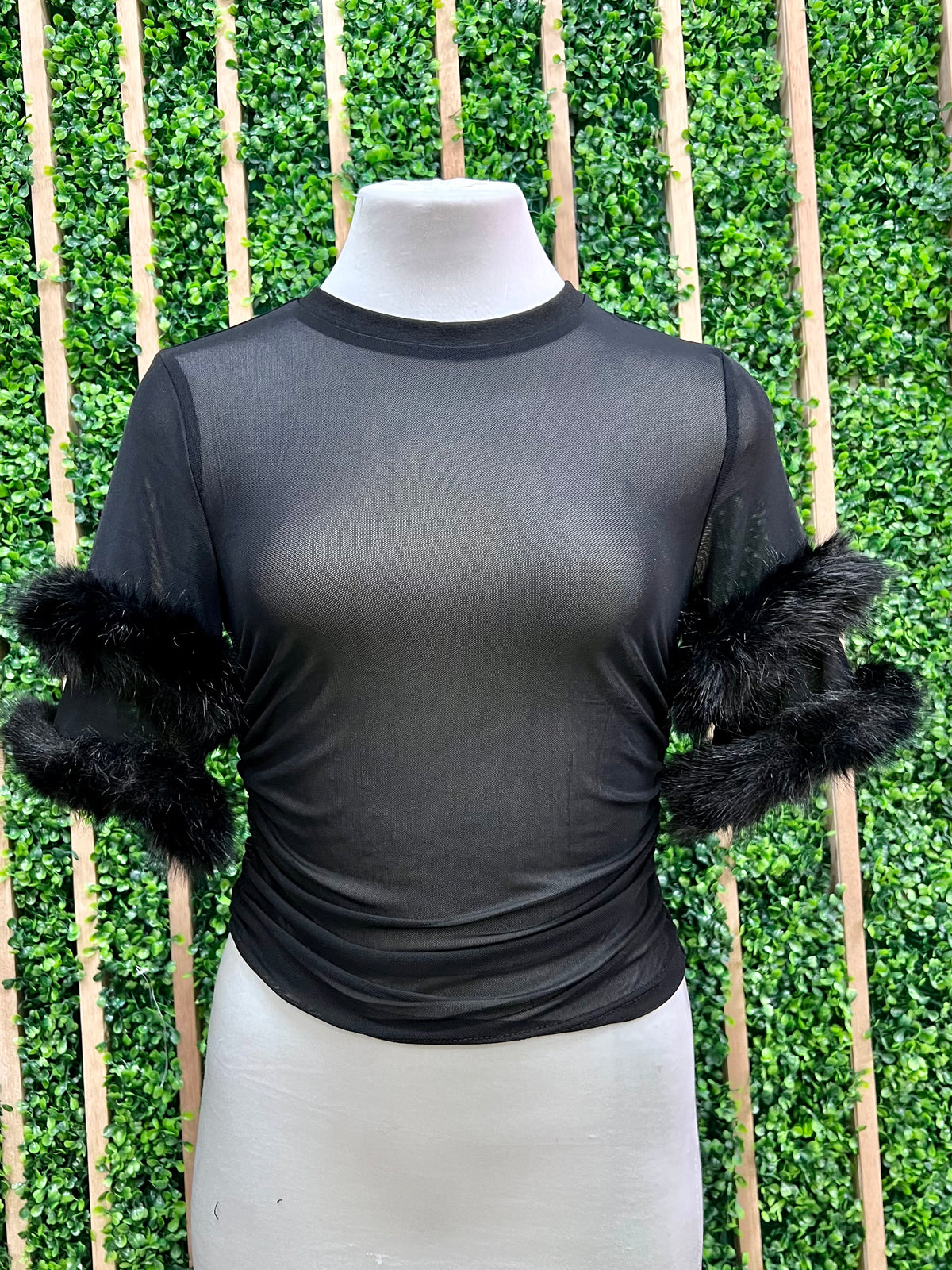 Black Mesh Fur Trim Top