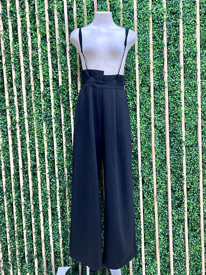 Black Paper Bag Wide Leg Suspender Pants