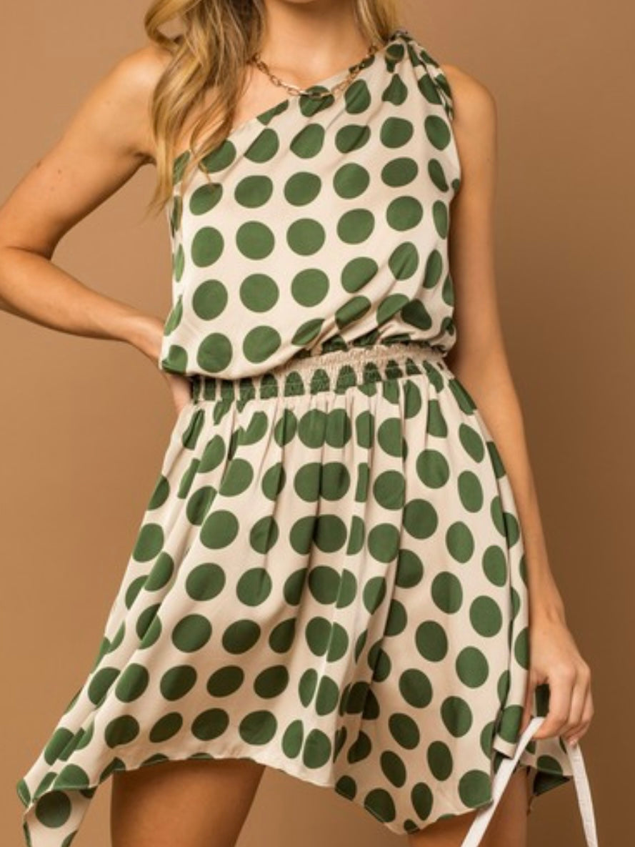 Cream Olive Dots One Shoulder Dress