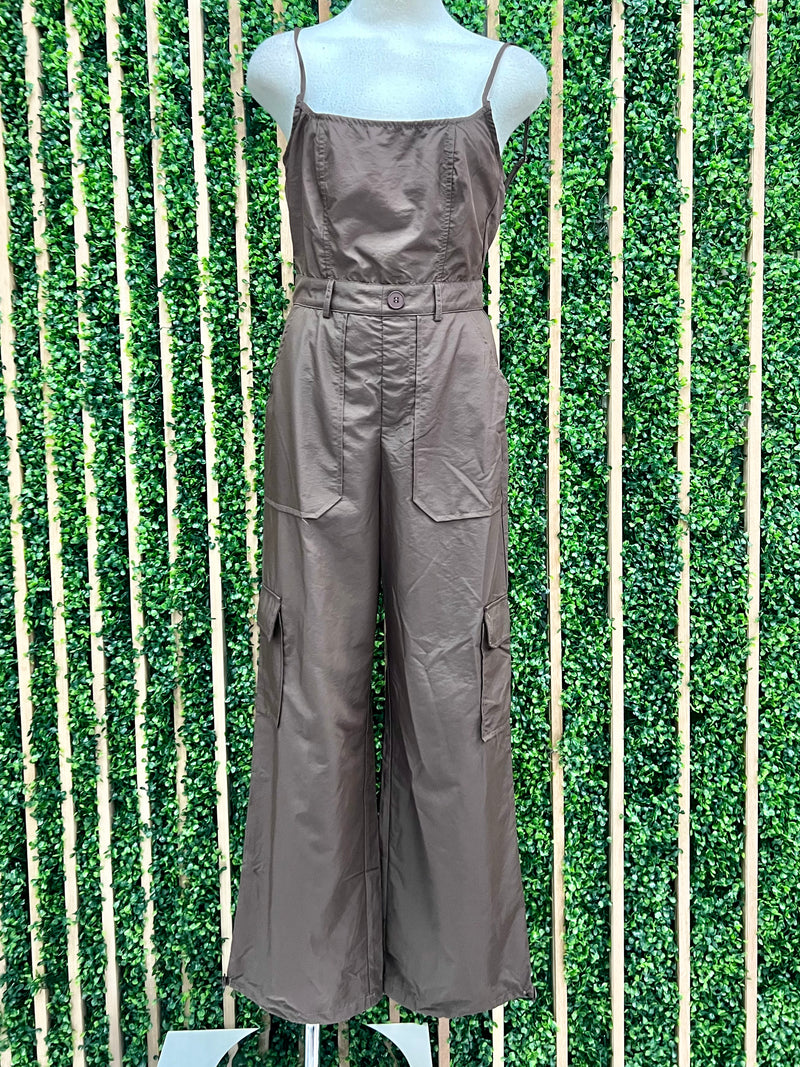 Brown Strappy Cargo Jumpsuit