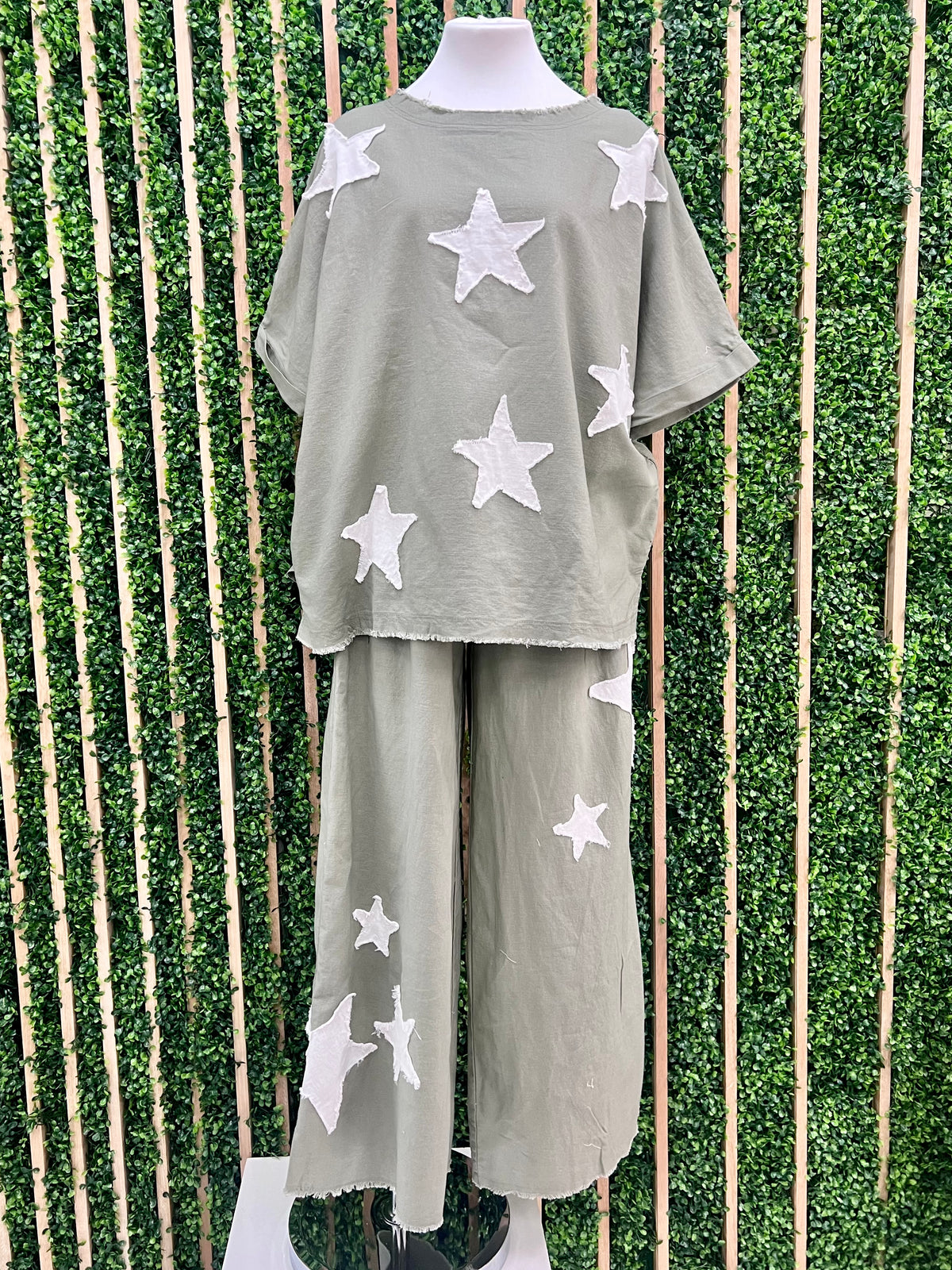 Olive White Star Patch Linen Pant Set