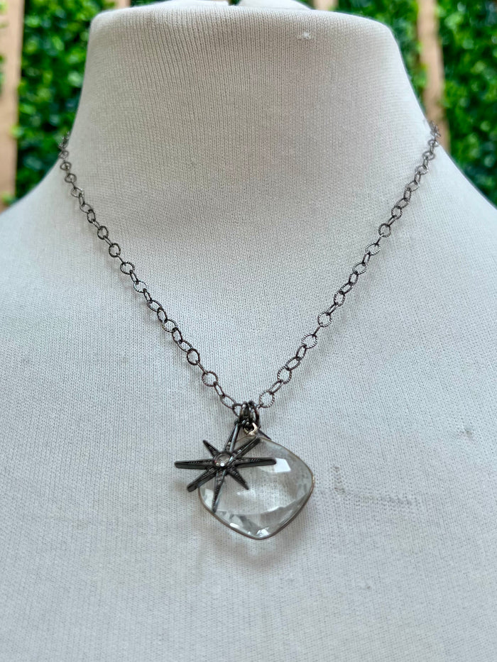 VB Hematite Silver Starburst And Crystal Necklace