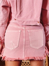 Pink Frayed Mini Denim Skirt