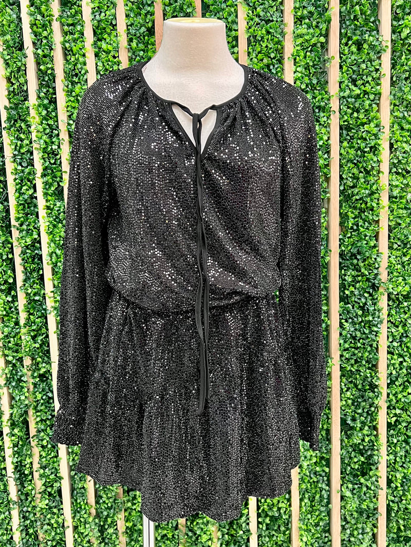 Exquisite Black Balloon Sleeve Sequin Dress